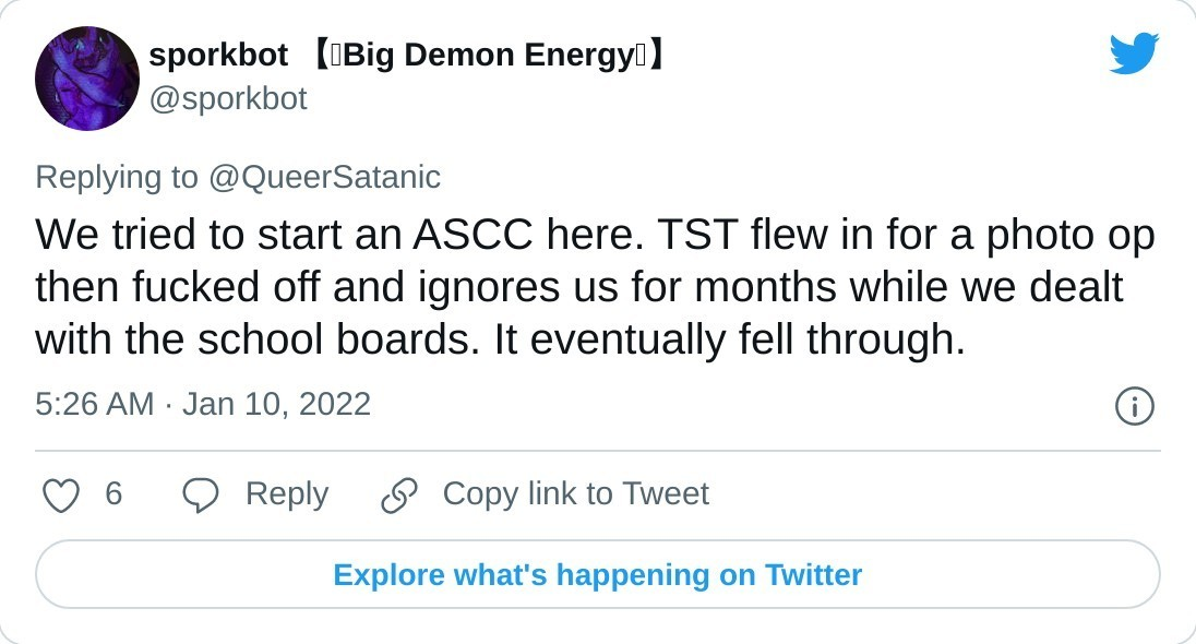 @sporkbot tweet:
We tried to start an ASCC here. TST flew in for a photo op then fucked off and ignores us for months while we dealt with the school boards. It eventually fell through.