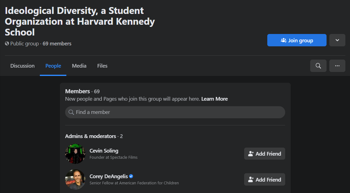 Screenshot of Ideological Diversity, a Student Organization at Harvard Kennedy School