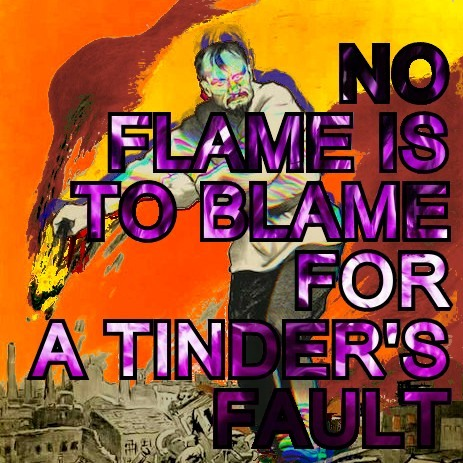 image of 1919 Germany anti-communist propaganda, person holding lit Molotov cocktail. Original text removed, new overlay text: "no flame is to blame a tinder's fault"