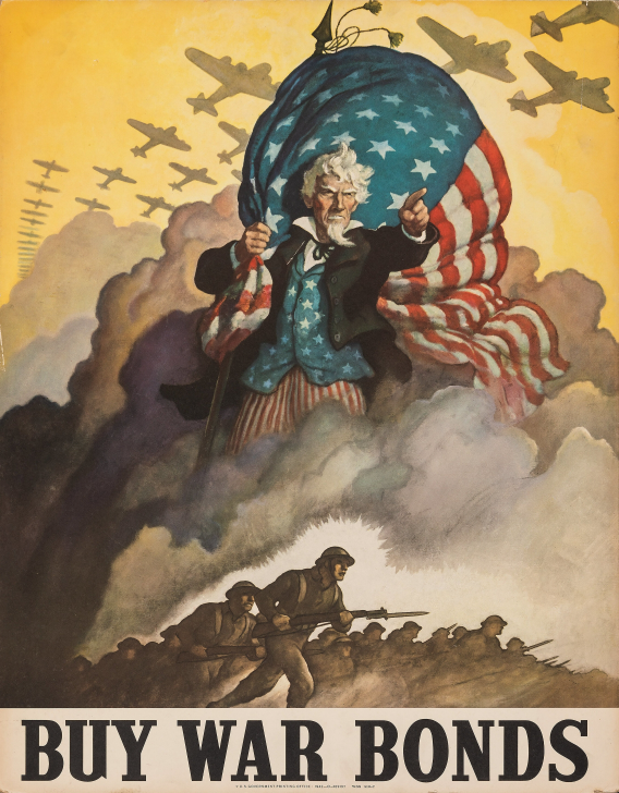 Second World War propaganda by the USA: Uncle Sam standing tall above infantry and airplanes pointing with words "Buy war bonds" across the bottom