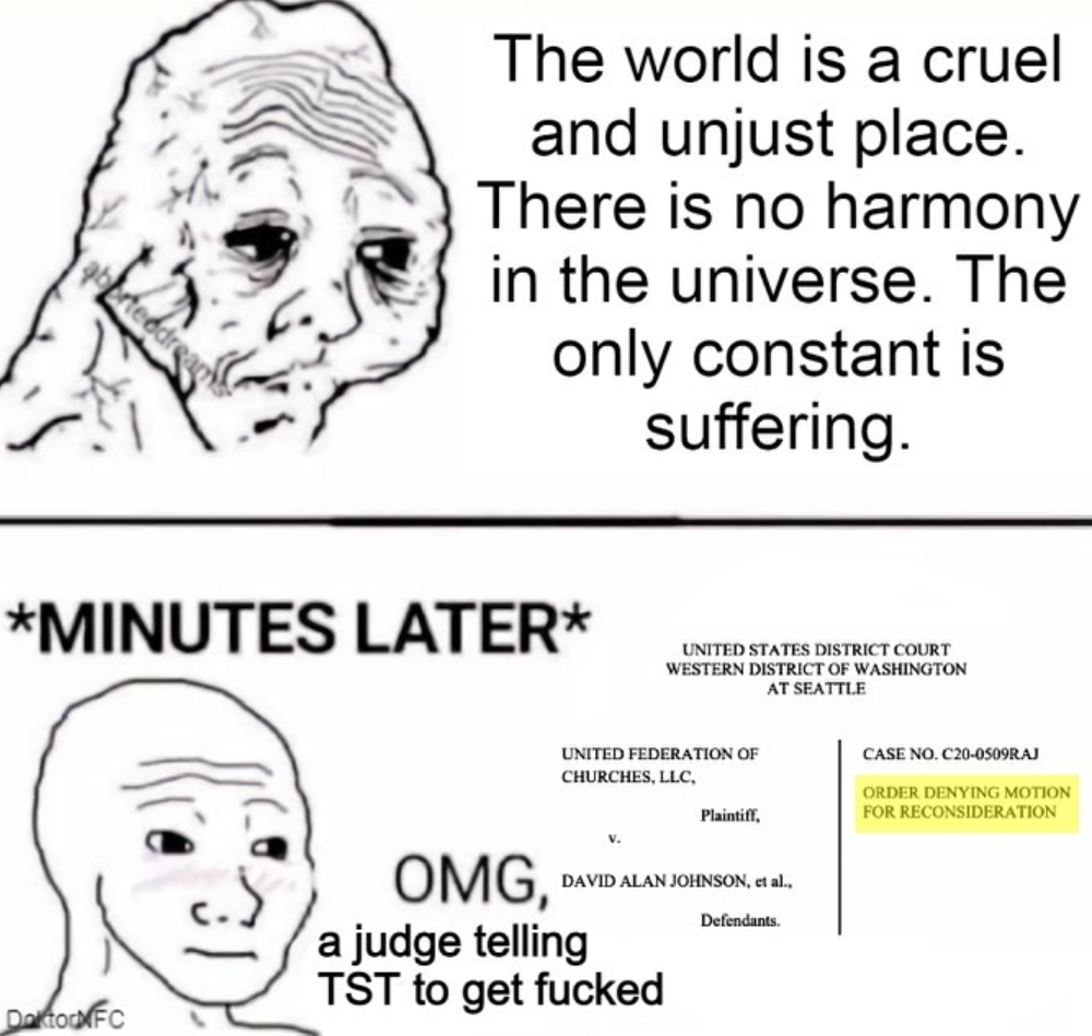 sad wojak "The world is a curel and unjust place. There is no harmony in the universe. The only constant is suffering". *Minutes later* happy, blushing wojak "OMG, a judge telling TST to get fucked"