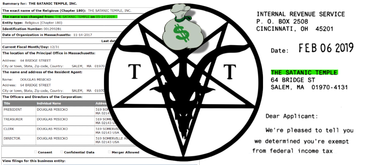 Logo for The Satanic Temple with a bag that has a dollar sign replacing the "s" in "TST". On either side are government documents about it