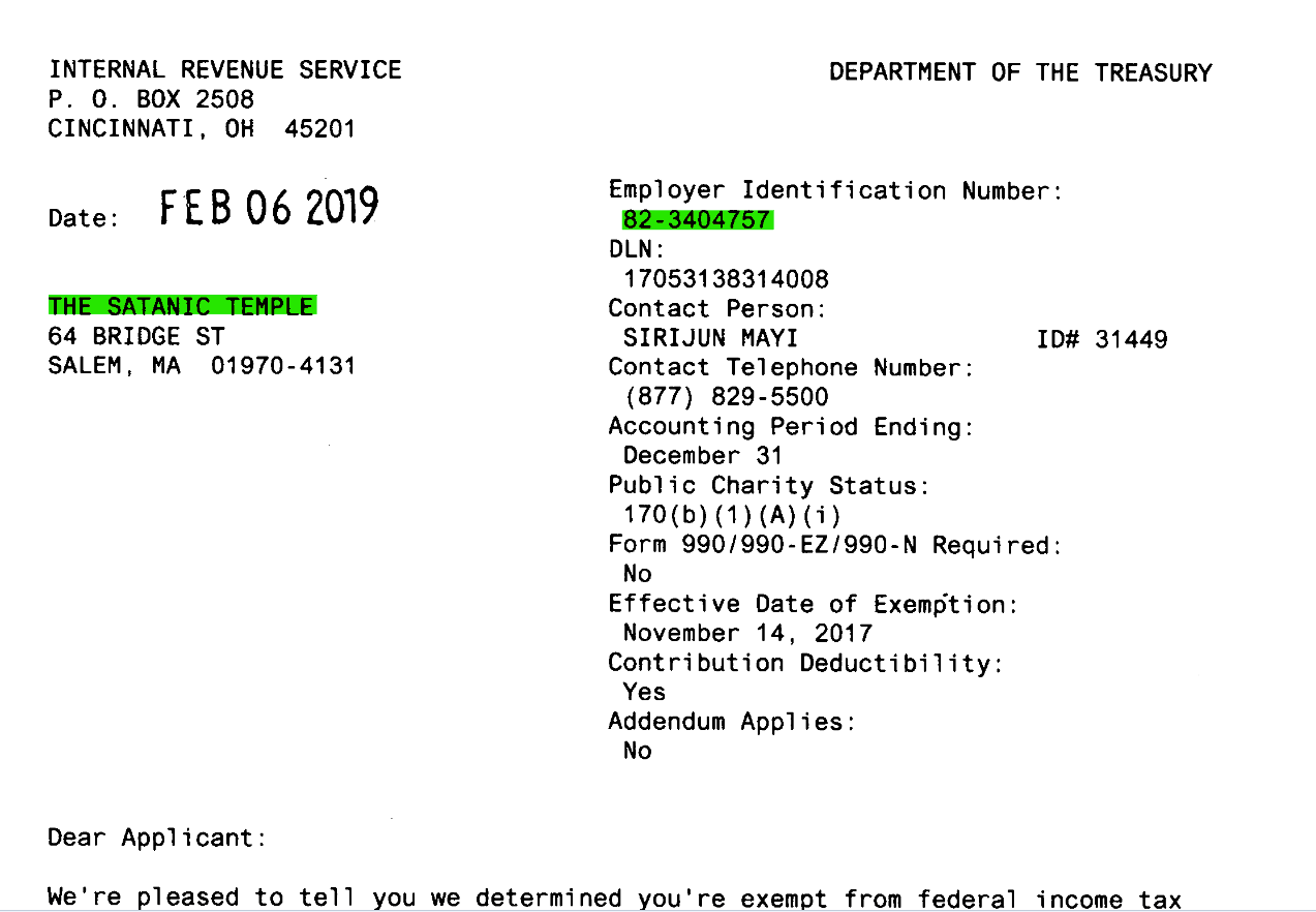 IRS determination letter from Feb/ 6, 2019 for "The Satanic Temple" at 64 bridge St, Salem, MA 01970-4131