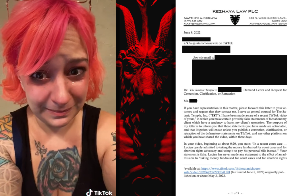 video still from Satanic Housewife retraction + legal threat