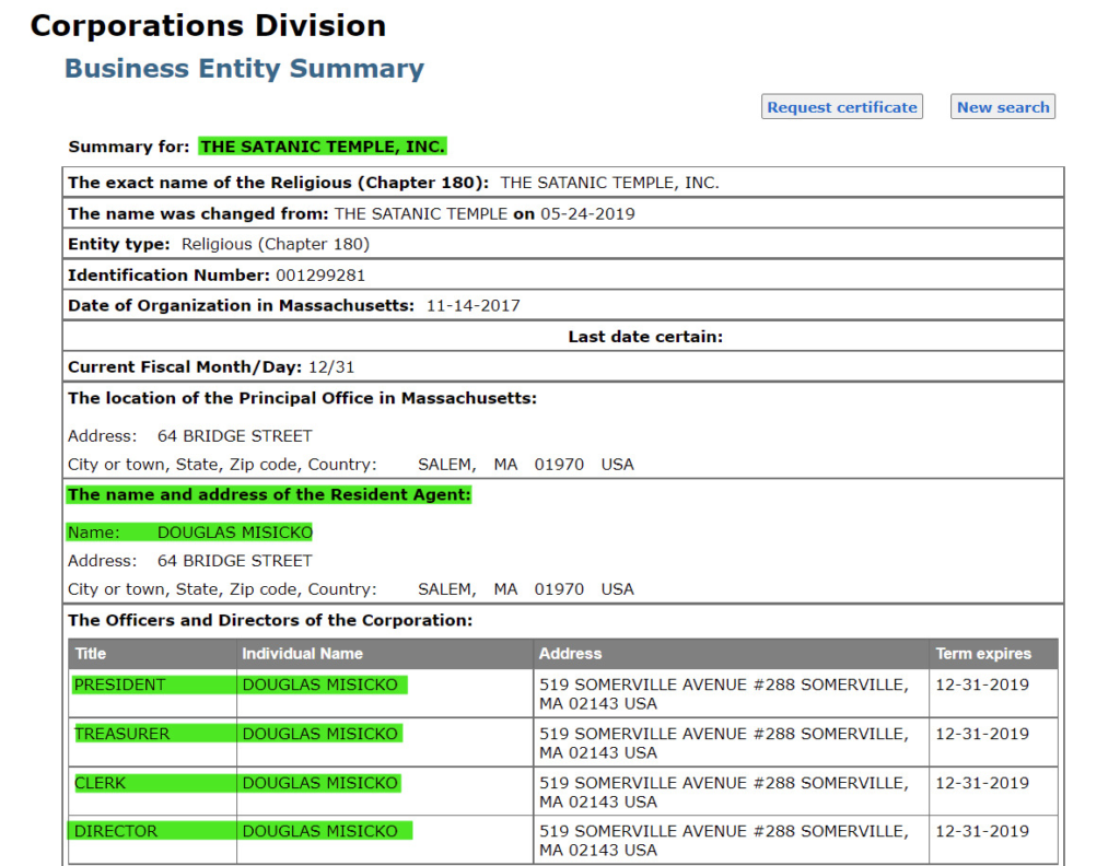 Screenshot of Massachusetts Corporations Division Business Entity Summary of "The Satanic Temple, Inc.", formerly just "The Satanic Temple". Doug Misicko serves in all positions.