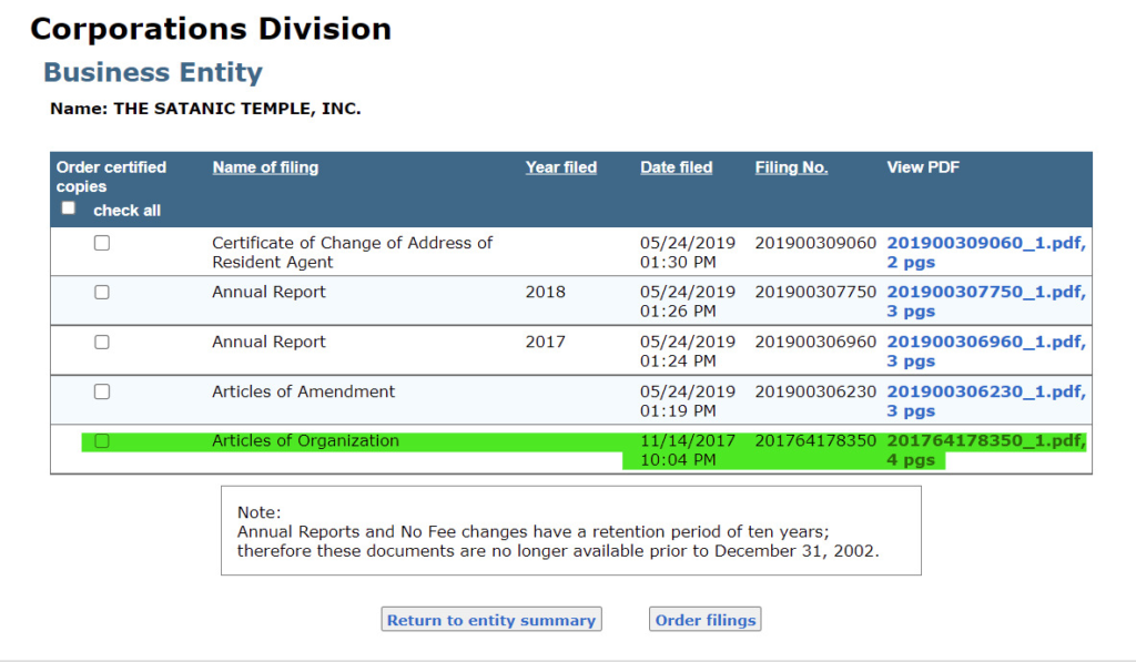 screenshot of business filings for "the satanic temple, inc" with "articles of incorporaton" highlighted