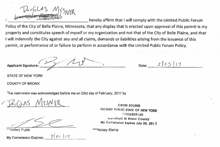 Douglas Alexander Misicko signing a document for The Satanic Temple's monument in Belle Plaine, first as pseudonym "Lucien Greaves" then as pseudonym "Douglas Mesner" on Feb. 23, 2017. TST co-owner Cevin Soling in his capacity as notary public in New York State, affirms the document's validity.