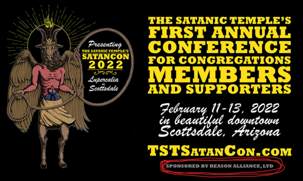 mage of The Satanic Temple's first annual conference for congregations, members, and supporters in Scottsdale, Arizona. "Sponsored by Reason Alliance Ltd." is circled