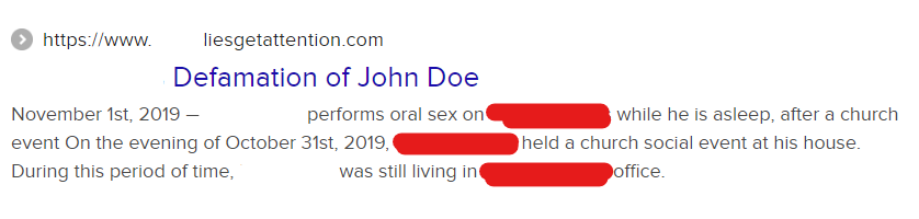 [White]'s Defamation of John Doe
November 1st, 2019 — [White] performs oral sex on [Red] while he is asleep, after a church event On the evening of October 31st, 2019, [Red] held a church social event at his house. During this period of time, [White] was still living in [Red's] office.