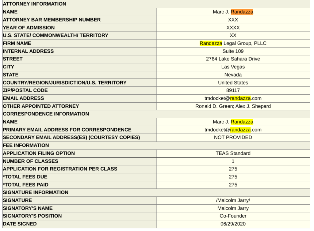 USPTO filing with Marc J Randazza filing a claim signed by "Malcolm Jarry", a pseudonym of The Satanic Temple's co-owner Cevin Soling
