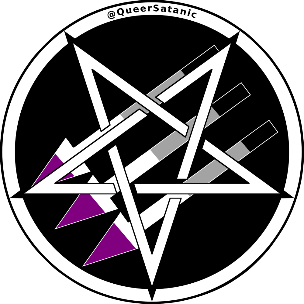 Satanic Antifascism logo of “three arrows” with an inverted pentacle on top; the arrows are in asexual pride colors.