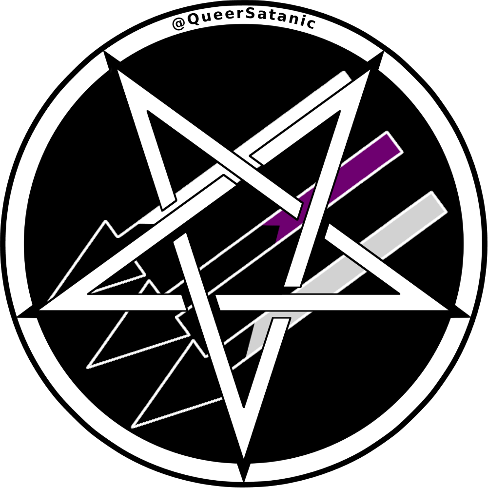 Satanic Antifascism logo of “three arrows” with an inverted pentacle on top; the arrows are in demisexual pride colors.
