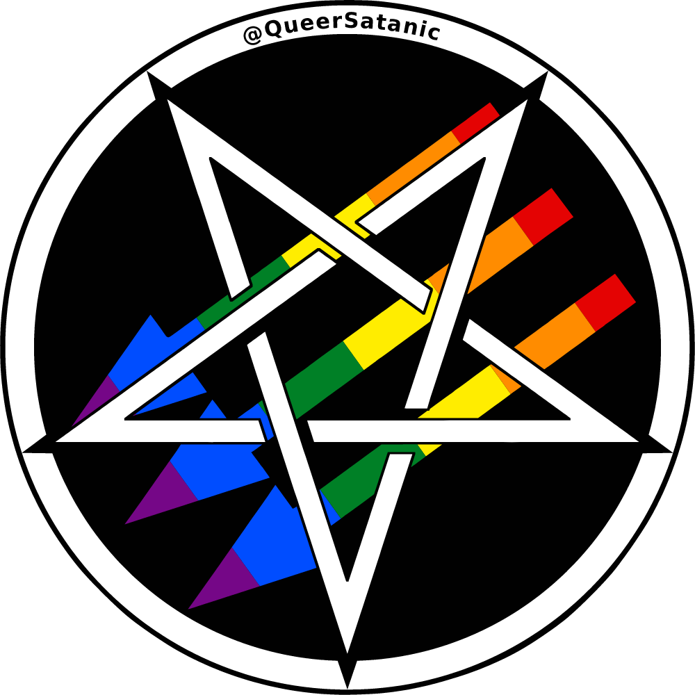 Satanic Antifascism logo of “three arrows” with an inverted pentacle on top; the arrows are in gay pride colors.