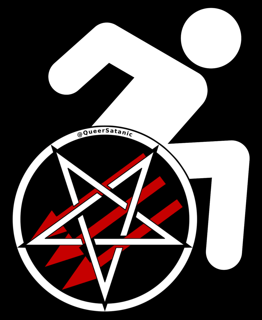 Satanic Antifascism logo of “three arrows” with an inverted pentacle on top as the wheels of an accessibility logo chair; the arrows are in basic red colors.