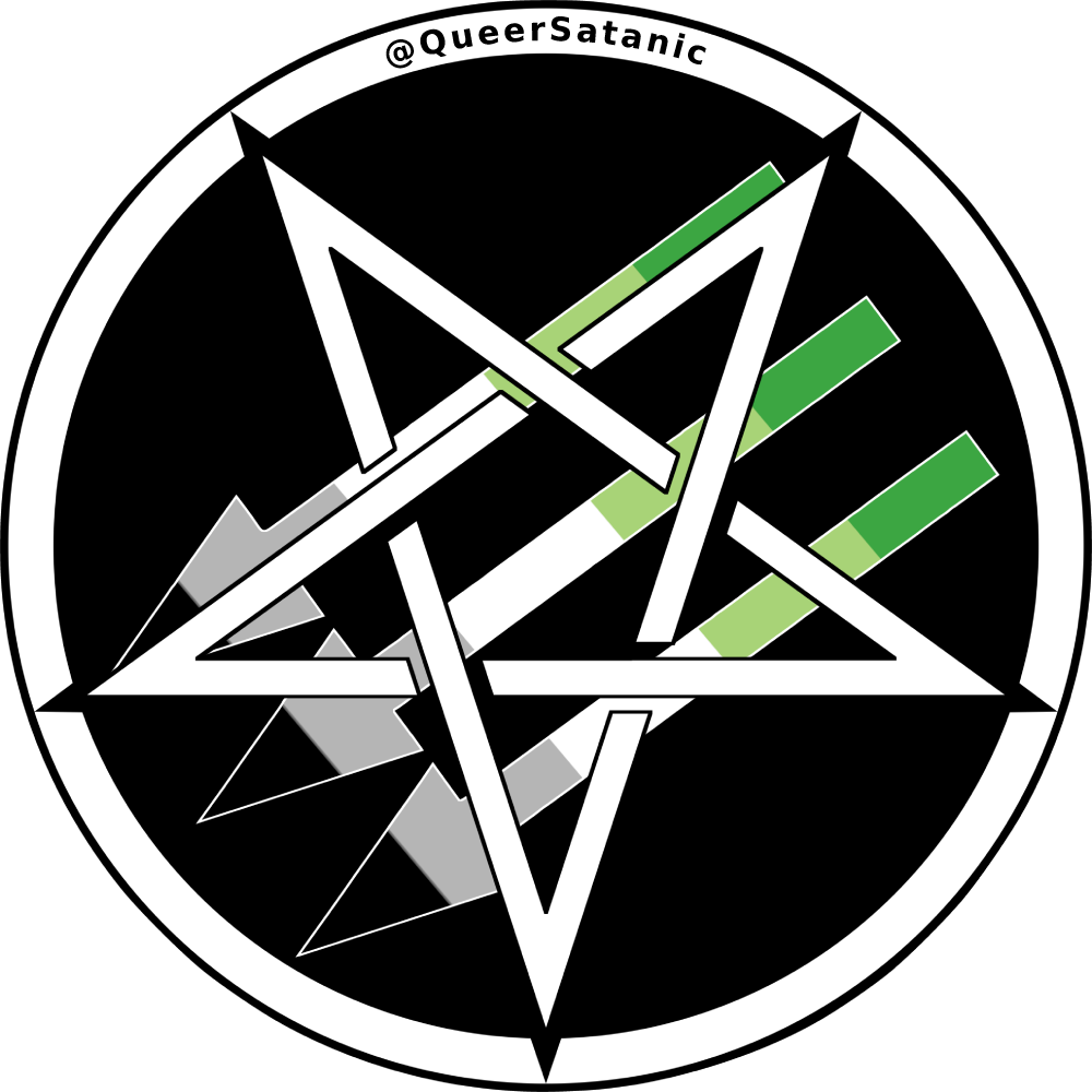 Satanic Antifascism logo of “three arrows” with an inverted pentacle on top; the arrows are in aromantic pride colors.