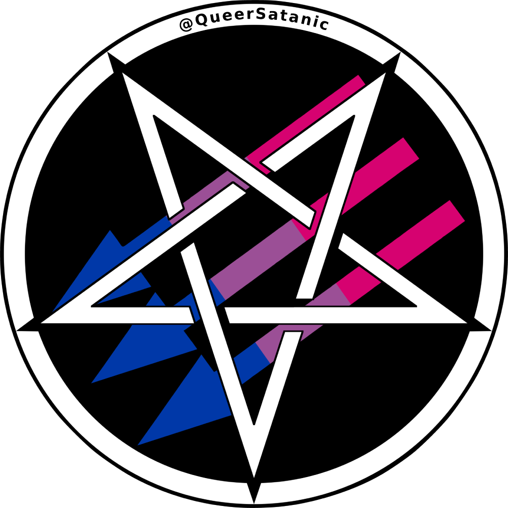 Satanic Antifascism logo of “three arrows” with an inverted pentacle on top; the arrows are in bisexual pride colors.