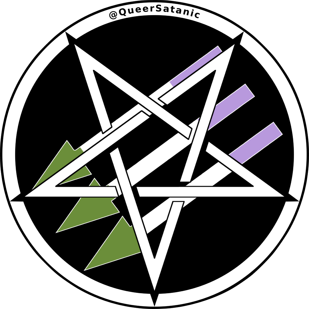 Satanic Antifascism logo of “three arrows” with an inverted pentacle on top; the arrows are in genderqueer pride colors.