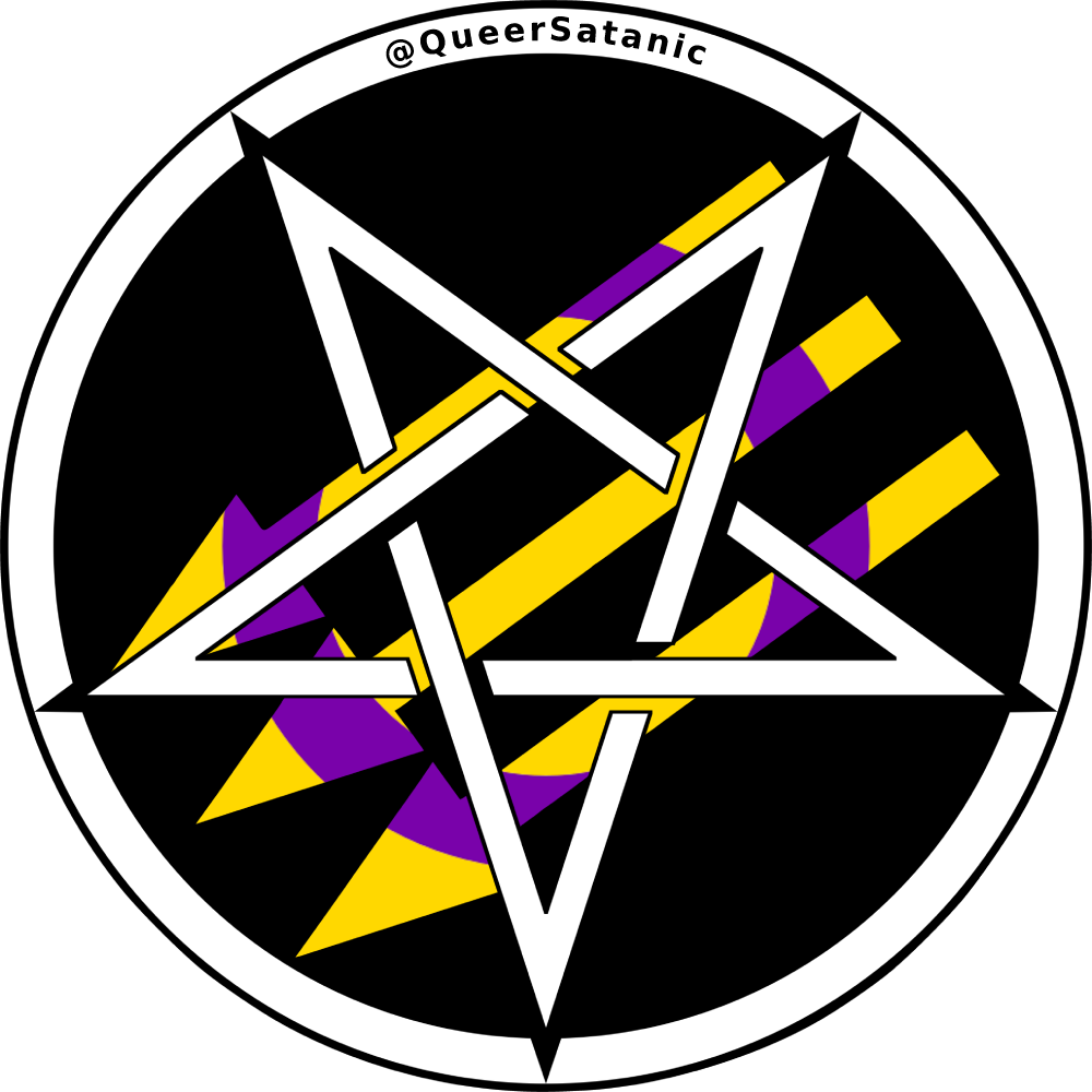 Satanic Antifascism logo of “three arrows” with an inverted pentacle on top; the arrows are in intersex pride colors.
