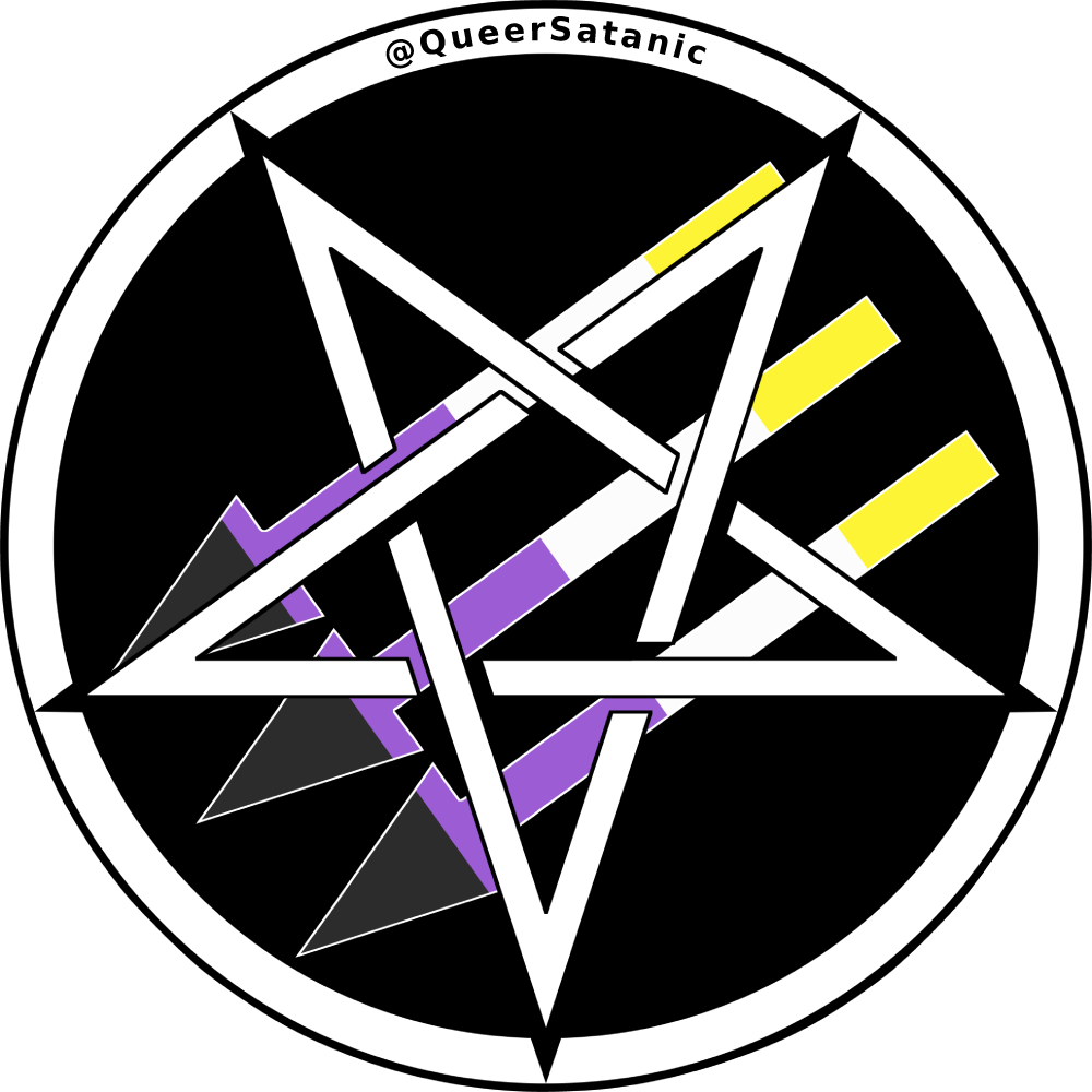 Satanic Antifascism logo of “three arrows” with an inverted pentacle on top; the arrows are in nonbinary pride colors.