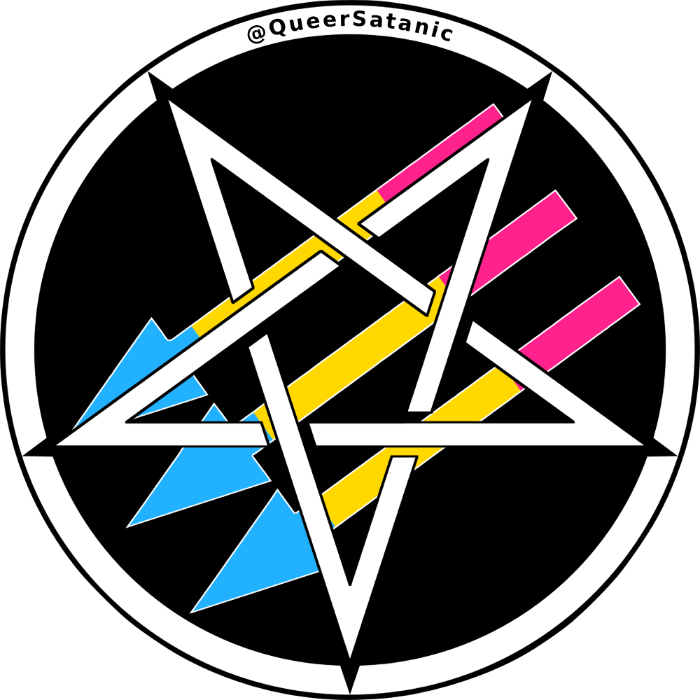 Satanic Antifascism logo of “three arrows” with an inverted pentacle on top; the arrows are in pansexual colors.