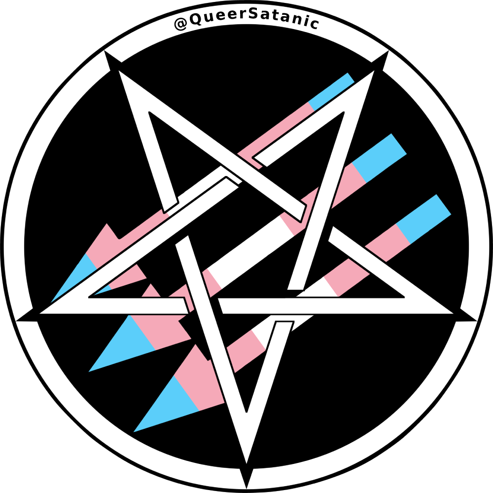 Satanic Antifascism logo of “three arrows” with an inverted pentacle on top; the arrows are in trans pride colors.