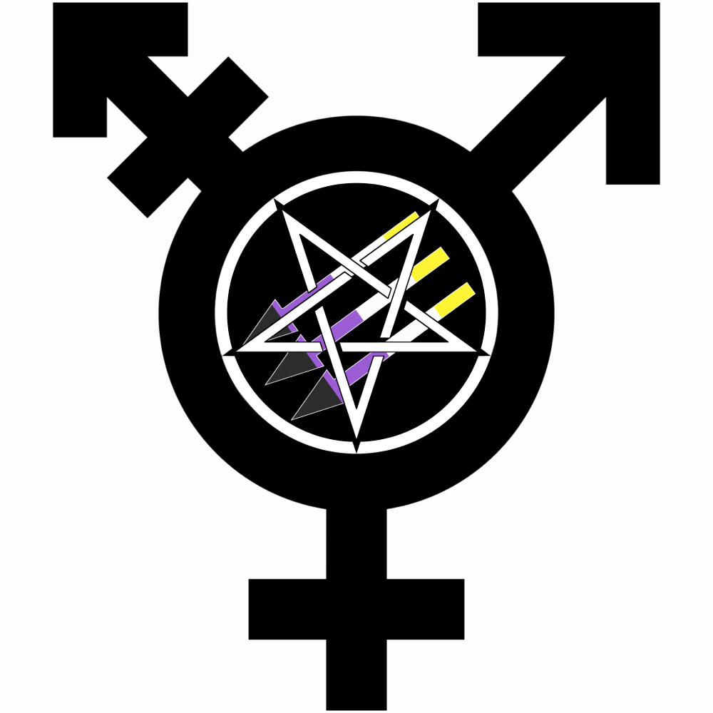 Satanic Antifascism logo of “three arrows” with an inverted pentacle on top inside of a trans gender symbol; the arrows are in nonbinary pride colors.