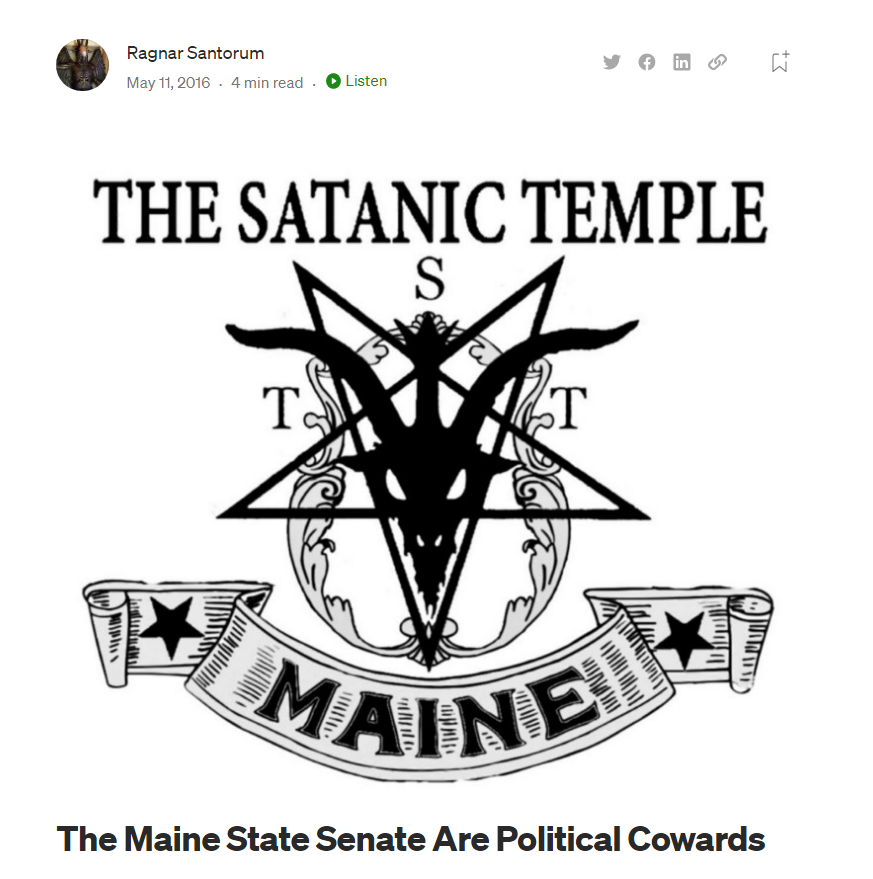 Medium Article from 2016 by Ragnar Santorum with image "The Satanic Temple Main"