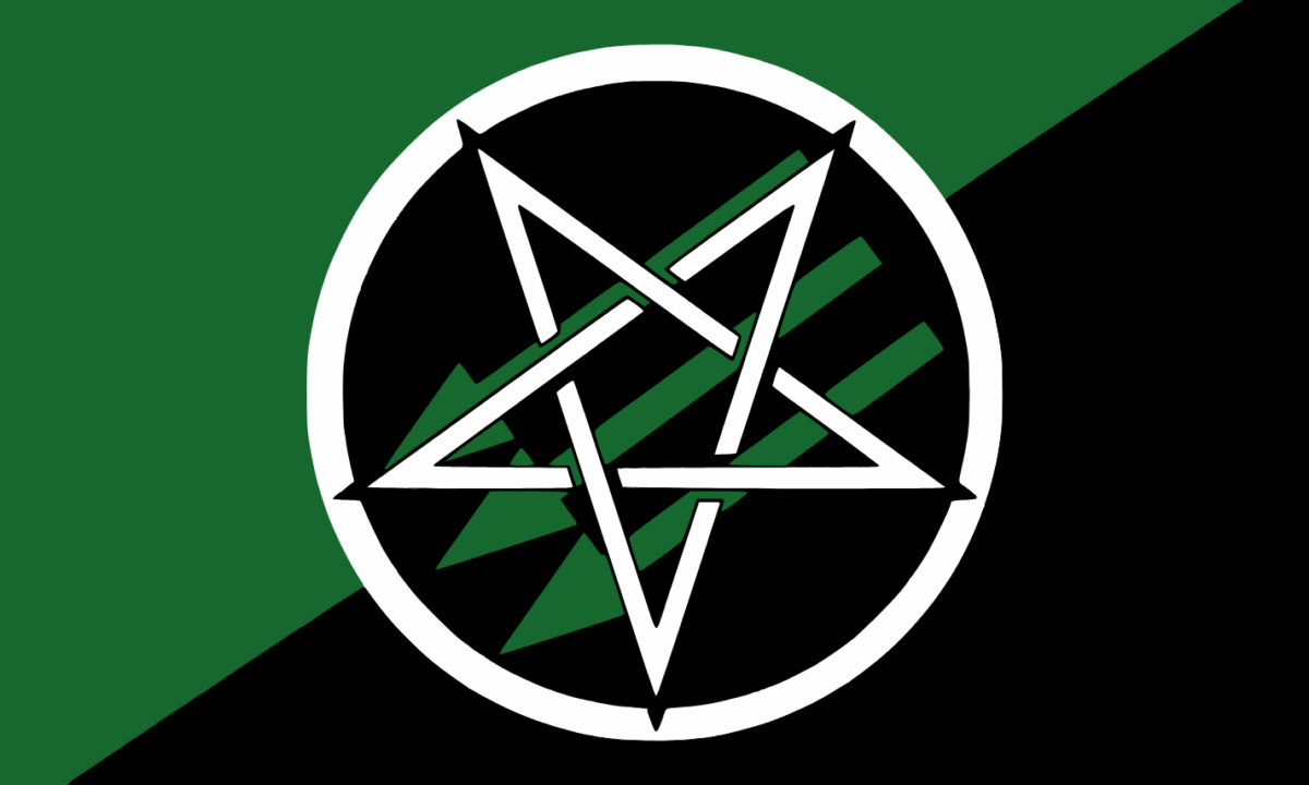 satanic antifascism symbol over a green Eco-Anarchist flag