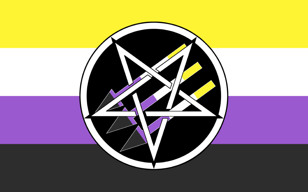 Satanic antifascism symbol of inverted pentacle over a three arrows with the three arrows in nonbinary pride colors over a nonbinary pride flag