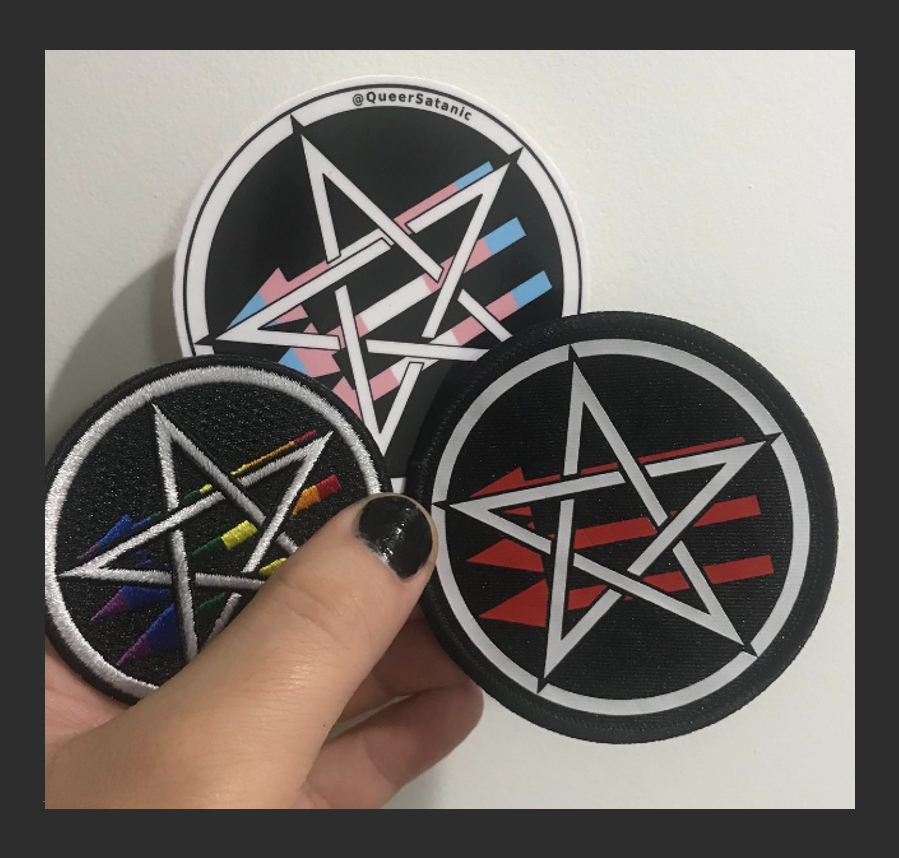 =Patches= Color: Gay pride satanic antifascism Size - 2.5 inches Backing - Iron-on Backing BaseMaterial - Polyester Blend Twill BorderEdge - Embroidered =Stickers= Design - Satanic Antifascism Size - 3 inches Material - Vinyl Laminate - Gloss