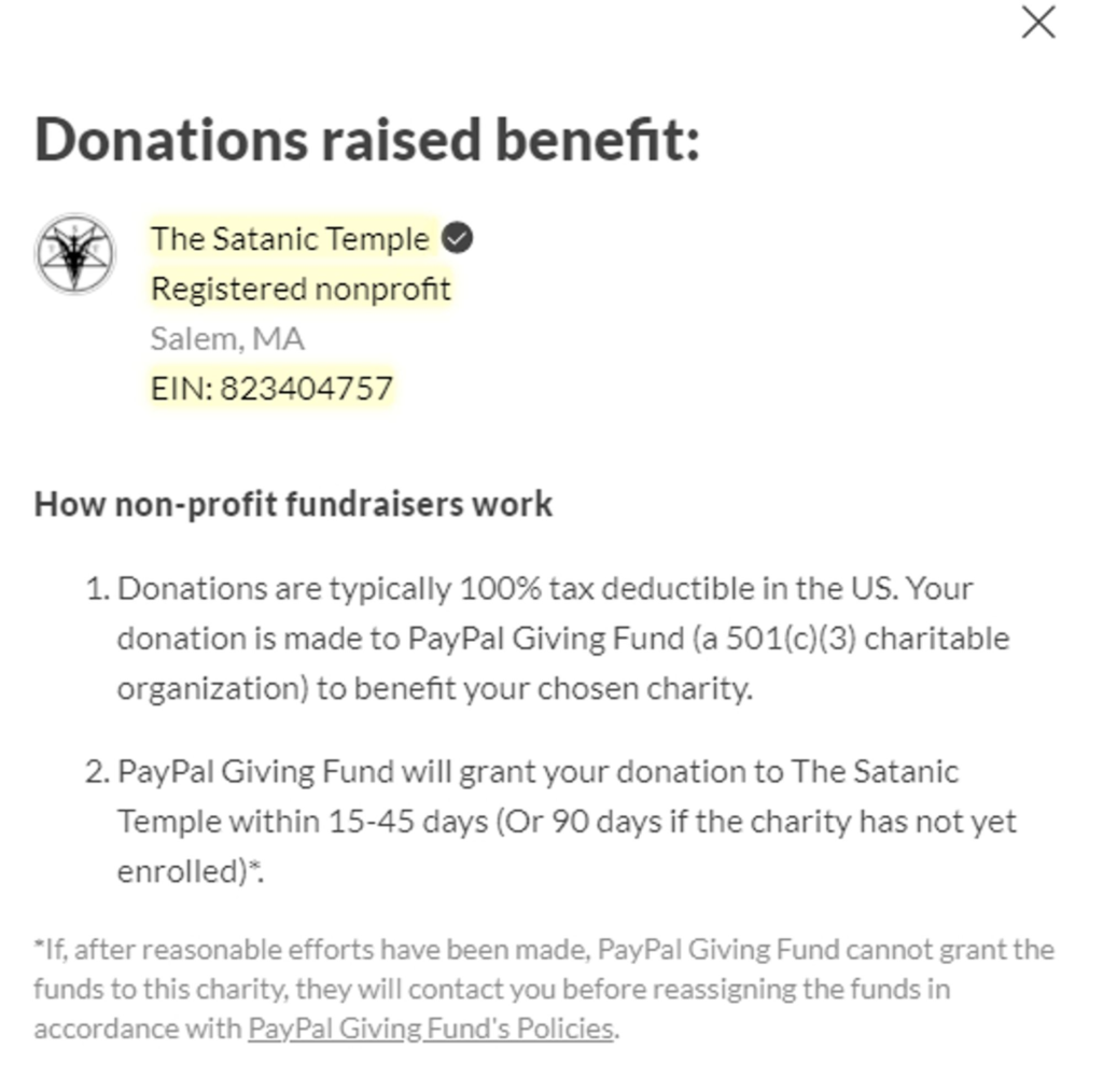 Donations raised benefit:

The Satanic Temple 
Registered nonprofit
Salem, MA
EIN: 823404757