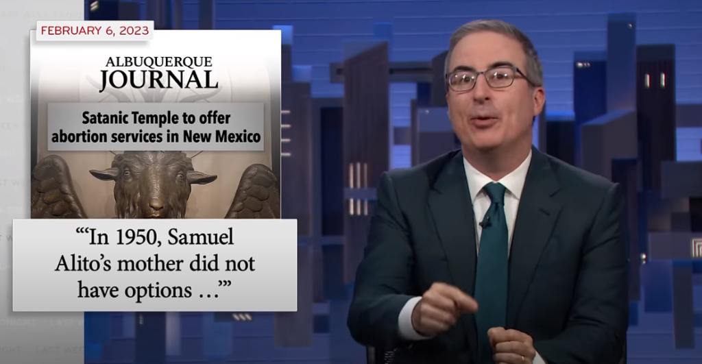 Last Week Tonight screen with Albuquerque Journal headline "Satanic Temple to offer abortion services in New Mexico"
