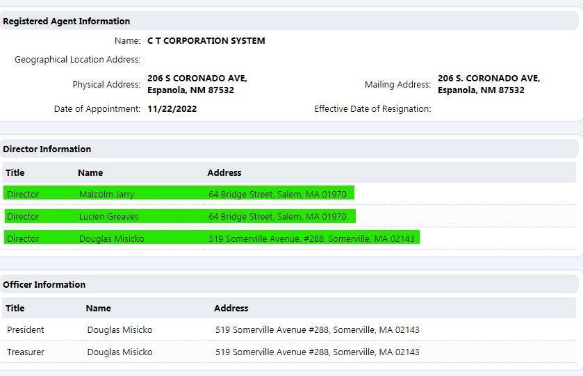 Director Information Title Name Address Director Malcolm Jarry 64 Bridge Street, Salem, MA 01970 Director Lucien Greaves 64 Bridge Street, Salem, MA 01970 Director Douglas Misicko 519 Somerville Avenue, #288, Somerville, MA 02143