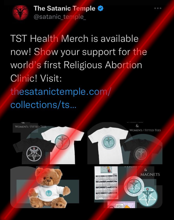 Tweet screenshot: The Satanic Temple @satanic_temple_ TST Health Merch is available now! Show your support for the world's first Religious Abortion Clinic! Visit
