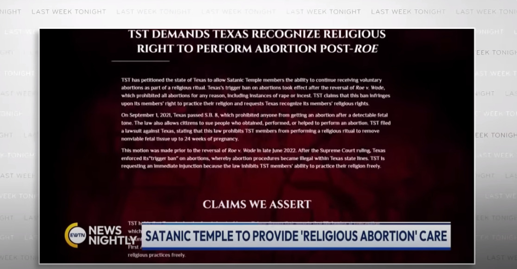 EWTN News Nightly screen with chryon "Satanic Temple to provide religious abortion care"