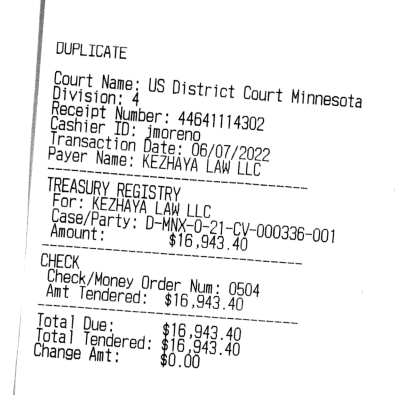 receipt of $16,943.40 sanctioning fine paid by Kezhaya Law LLC