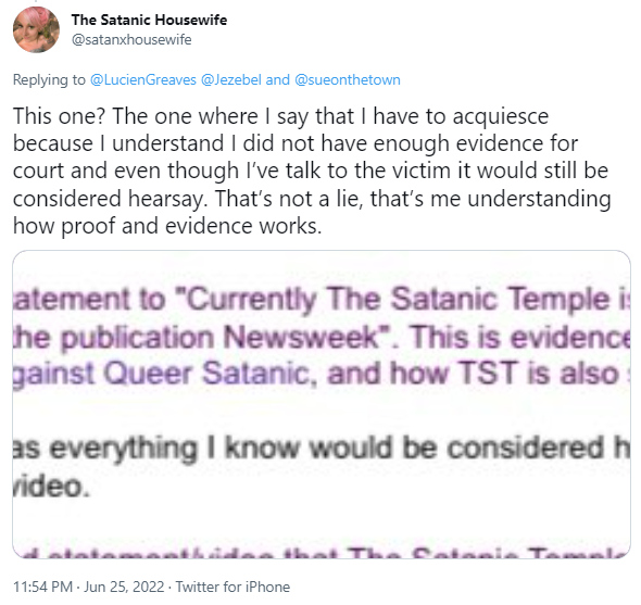 This one? The one where I say that I have to acquiesce because I understand I did not have enough evidence for court and even though I’ve talk to the victim it would still be considered hearsay. That’s not a lie, that’s me understanding how proof and evidence works.