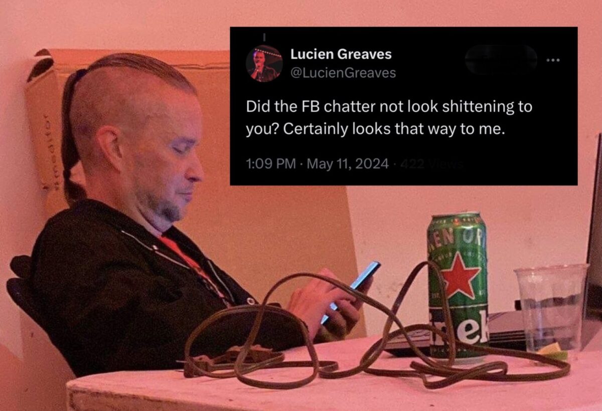 Doug Misicko aka Lucien Greaves on his phone typing with a tweet by him that says “Did the FB chatter not look shittening to you? Certainly looks that way to me.”