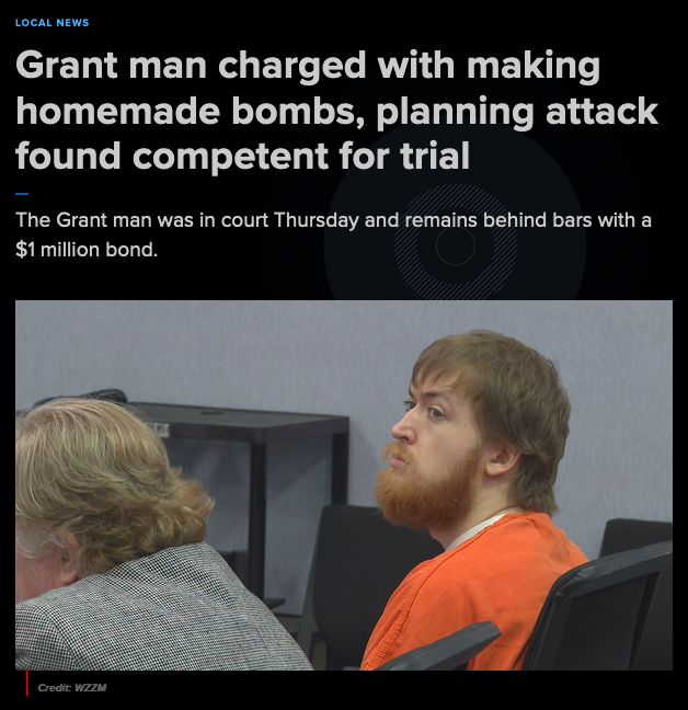 Grant man charged with making homemade bombs, planning attack found competent for trial
The Grant man was in court Thursday and remains behind bars with a $1 million bond. <photo of bearded white male in orange jumpsuit in a courtroom>