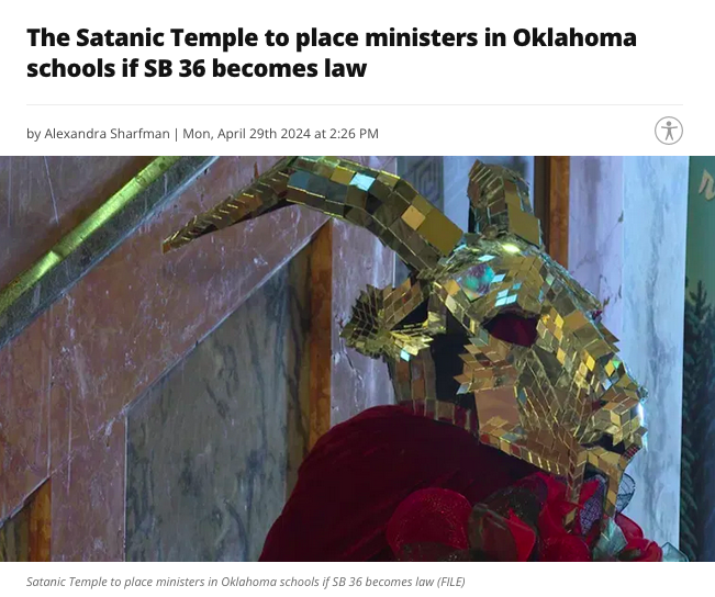 News headline: "The Satanic Temple to place ministers in Oklahoma schools if SB 36 becomes law"