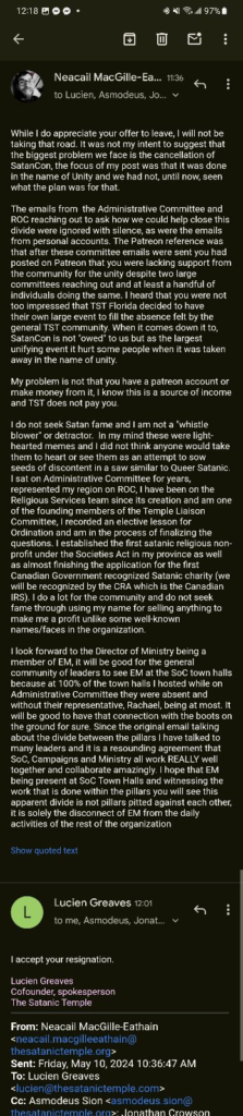 Neacail MacGille-Eathain email response, and Lucien Greaves firing him via email reply