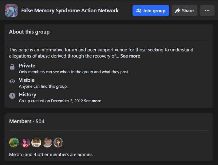 Screenshot of "False Memory Syndrome Action Network" Facebook group, including "Mikoto Niikura"