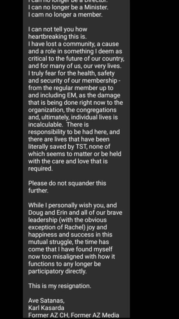 Partial Screenshot of quoted text from Karl Kasarda resignation