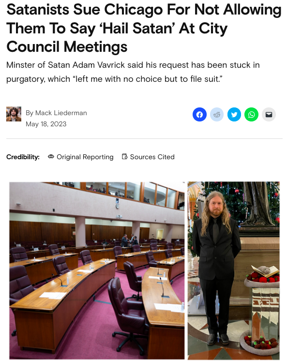  Satanists Sue Chicago For Not Allowing Them To Say ‘Hail Satan’ At City Council Meetings
Minster of Satan Adam Vavrick said his request has been stuck in purgatory, which “left me with no choice but to file suit.” 
