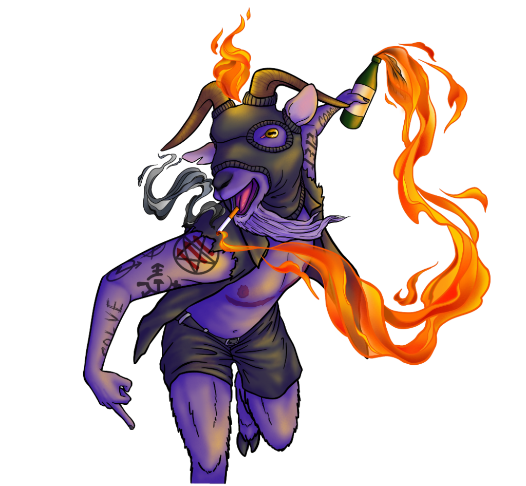 Punk anarchist Baphomet with top surgery scars throwing a Molotov cocktail that was lit by their cigarette. Arms have tattoos of queer communism, satanic antifascism, and squatters symbol as well as usual "solve" and "coagula"