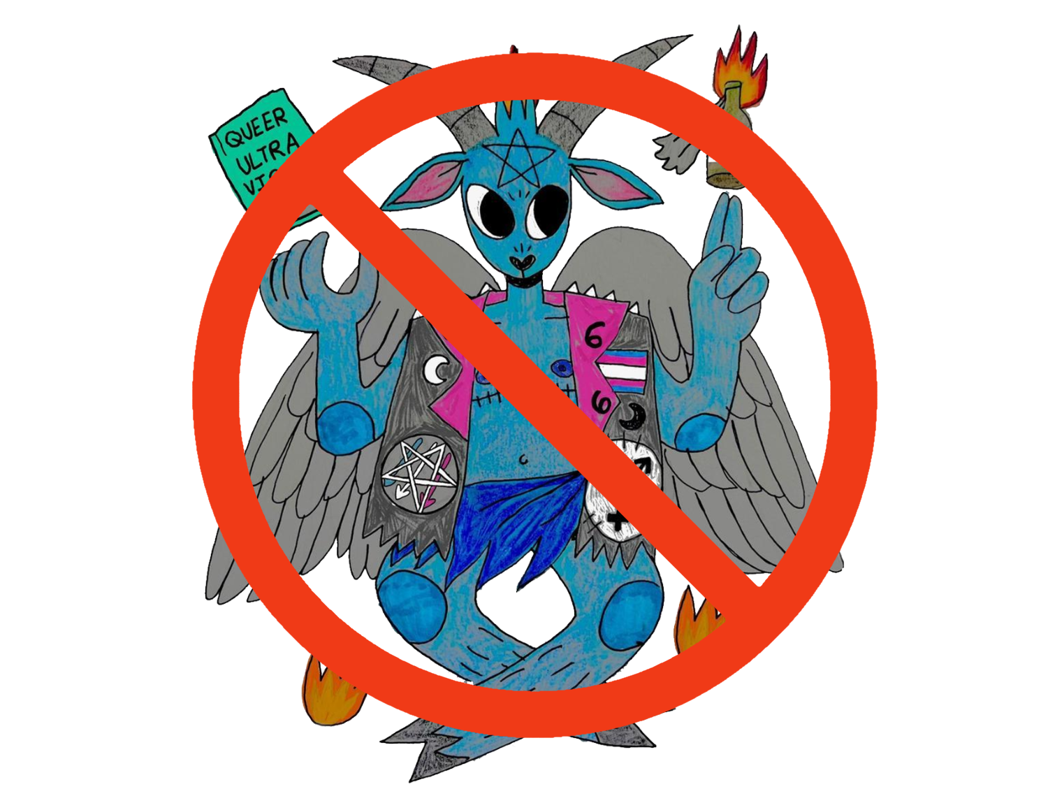 Hail Lucifer The Light Bringer: Archbudzar illustration of blue Baphomet figure with top surgery scars and wings wears a punk battle vest with trans pride flag, trans symbol, and satanic antifascism patches. Floating above one hand is “Queer Ultraviolence” the Bash Back! anthology book while floating above the other hand is a lit Molotov cocktail with a leviathan cross / sulfur symbol on it. Fire also comes from the top of Baphomet’s head like the traditional famous “Sabbatic Goat” illustration