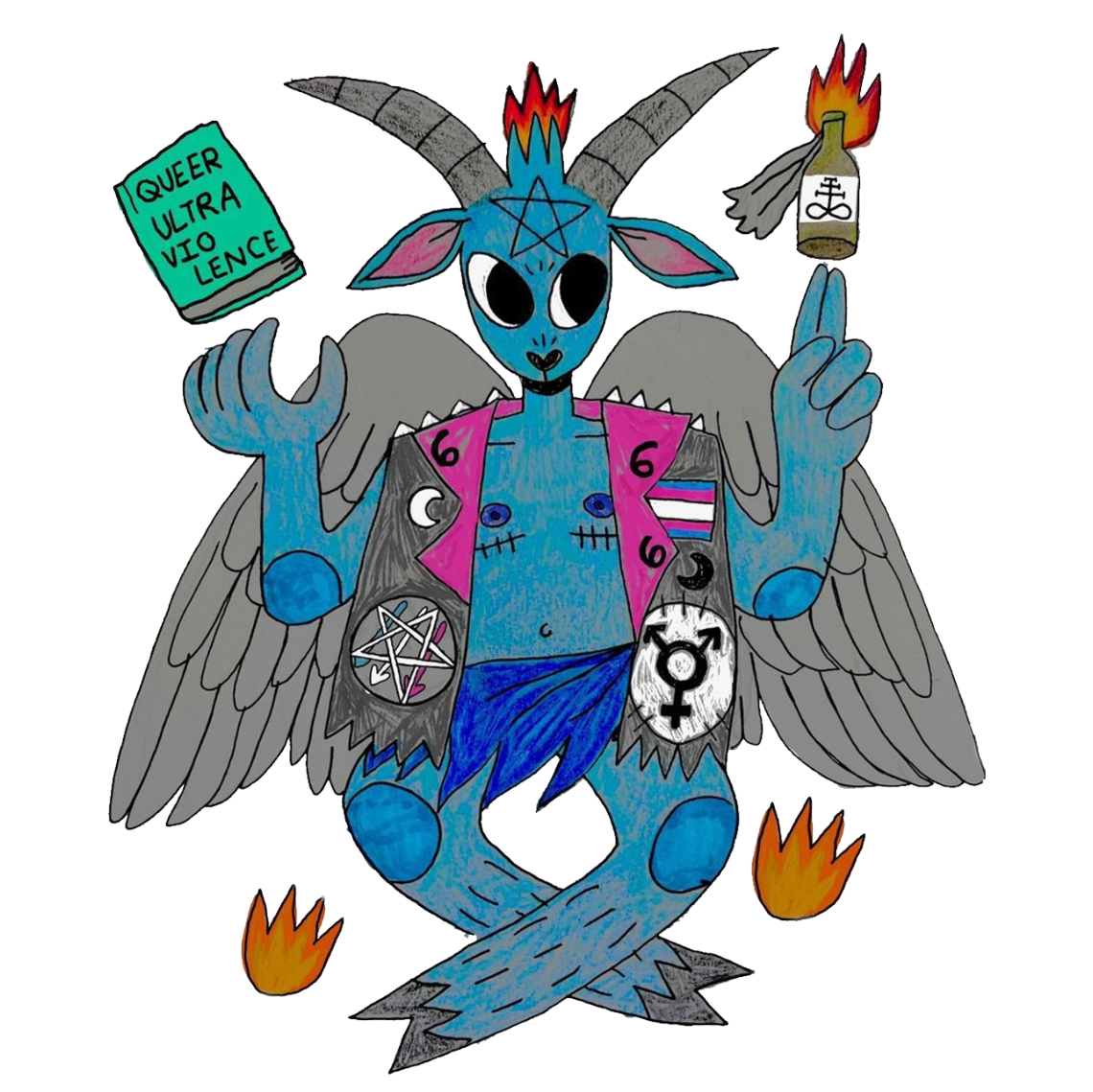 [Hail Lucifer The Light Bringer: Archbudzar illustration of blue Baphomet figure with top surgery scars and wings wears a punk battle vest with trans pride flag, trans symbol, and satanic antifascism patches. Floating above one hand is “Queer Ultraviolence” the Bash Back! anthology book while floating above the other hand is a lit Molotov cocktail with a leviathan cross / sulfur symbol on it. Fire also comes from the top of Baphomet’s head like the traditional famous “Sabbatic Goat” illustration