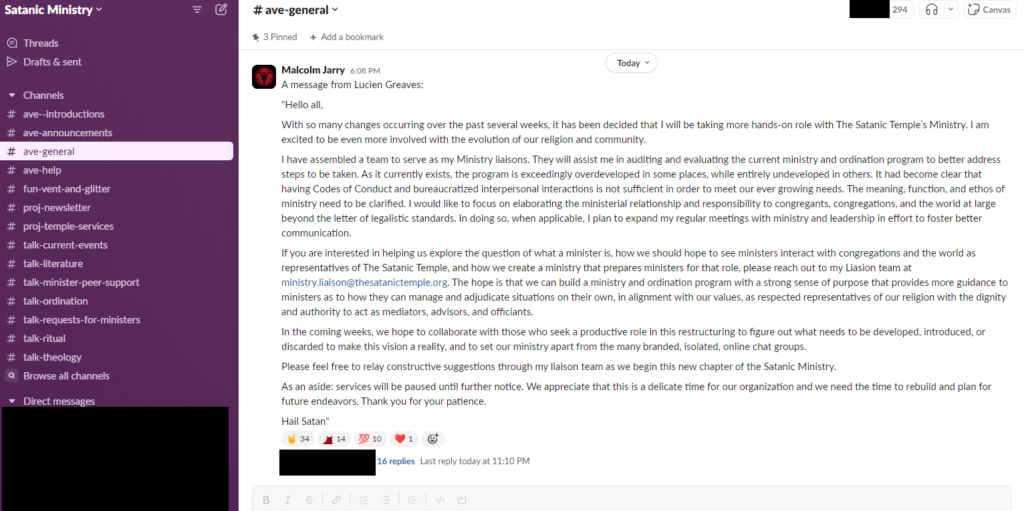 screenshot from Slack chat for "Satanic Ministry"