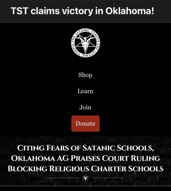 "TST claims victory in Oklahoma", citing fears of satanic schools, Oklahoma AG praises court ruling blocking religious charter schools.