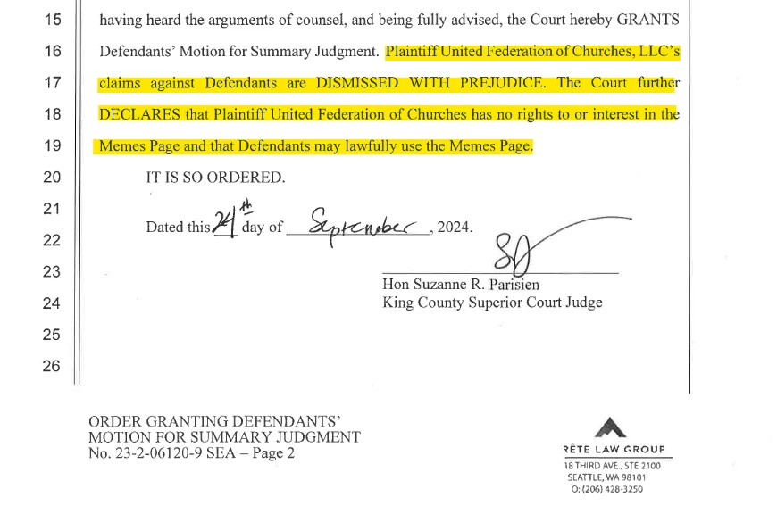 Screenshot of judge's order dismissing TST's lawsuit with prejudice